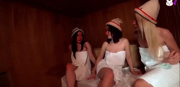  Hot Girls Lesbian Threesome in Sauna - Female Orgasm